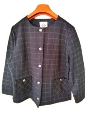 Isaac Misrahi scoop neck button long sleeves front green plaid work blazer